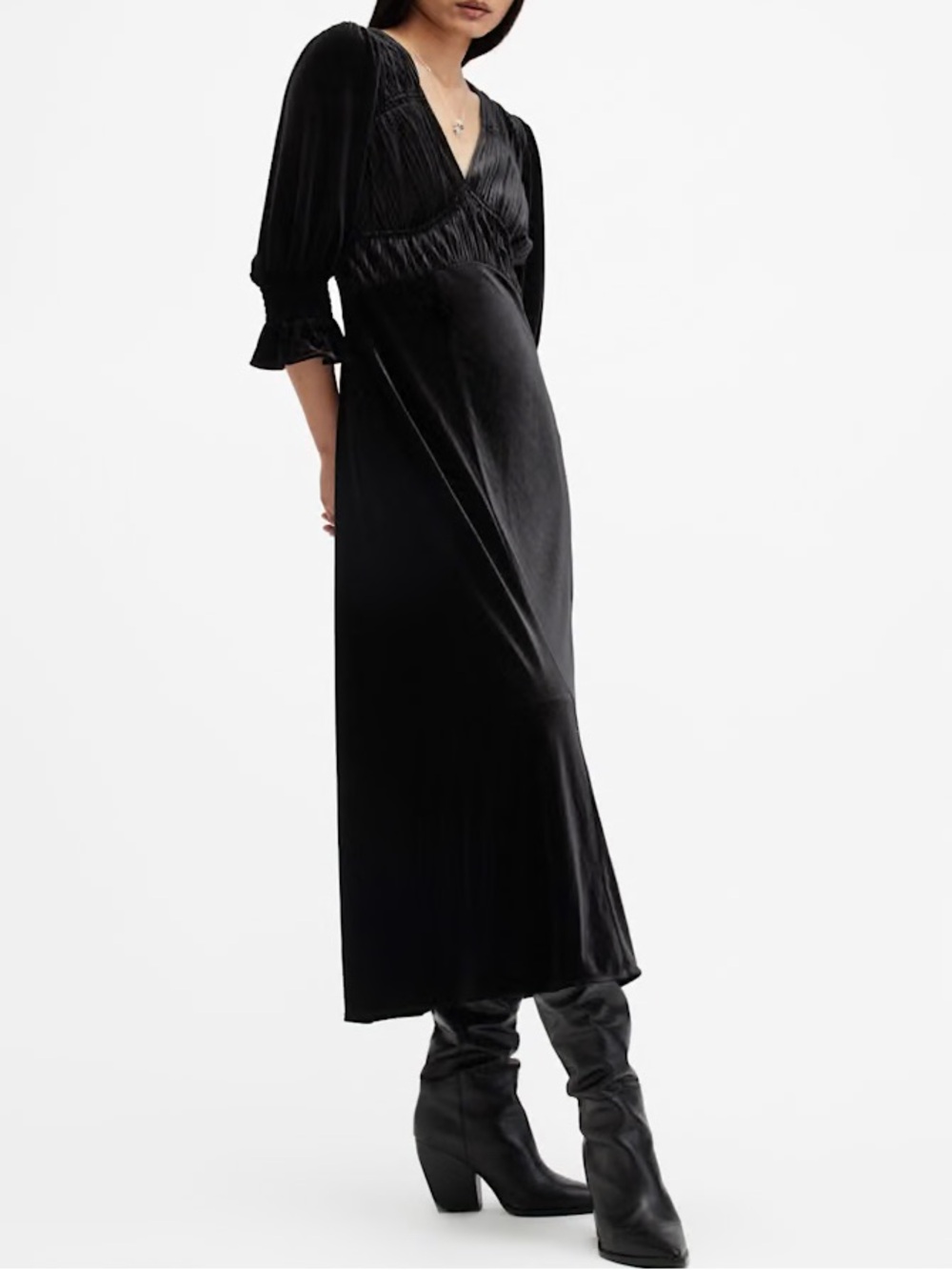 All Saints Ani Black Velvet Midi Dress
